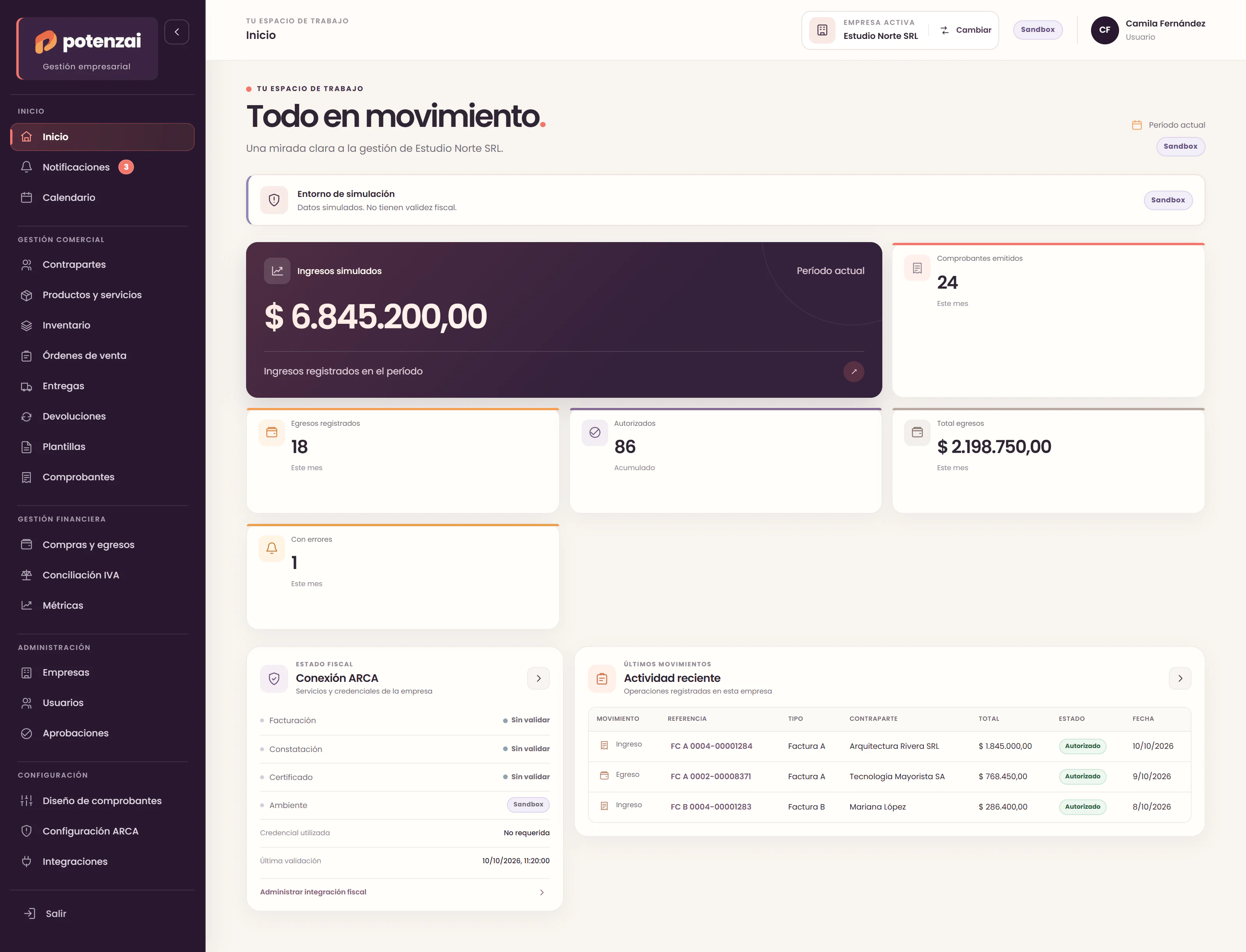 Inicio de Potenzai con resumen de actividad y estado fiscal