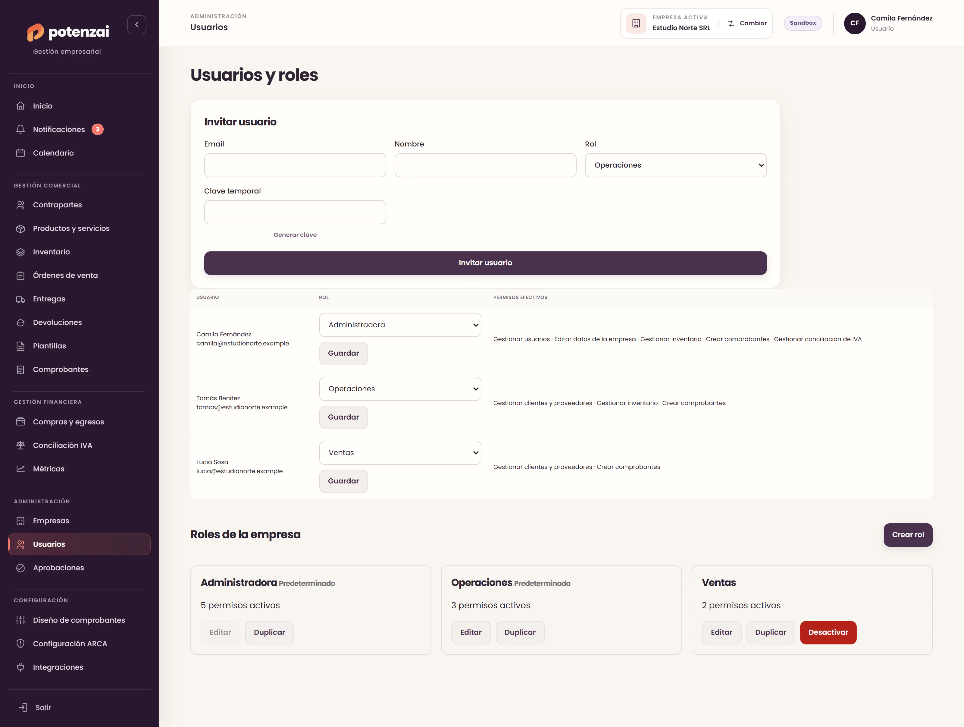 Administración de usuarios, roles y permisos de la empresa